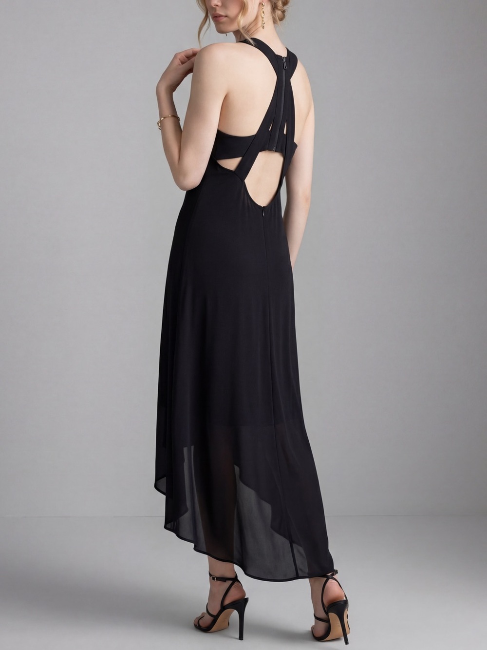 BCBGMaxAzria Black High Low Rorry Zipper cut out Back Maxi Dress sheer lined LBD